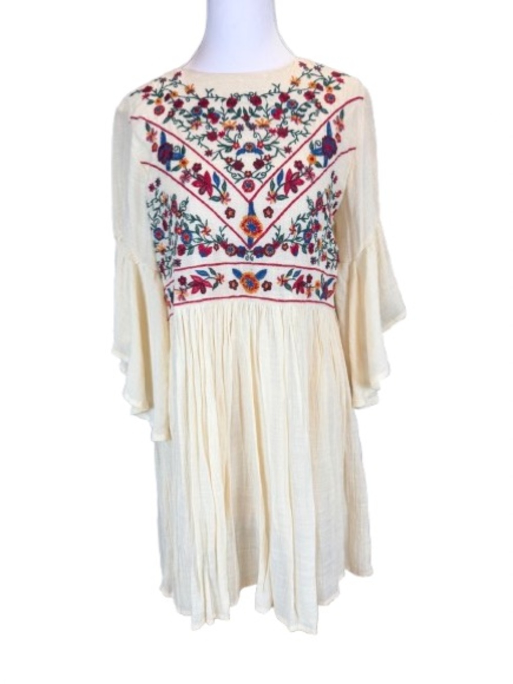 Umgee Embroidered Boho Dress Small Ivory Floral Bell Sleeve Festival Hippie
